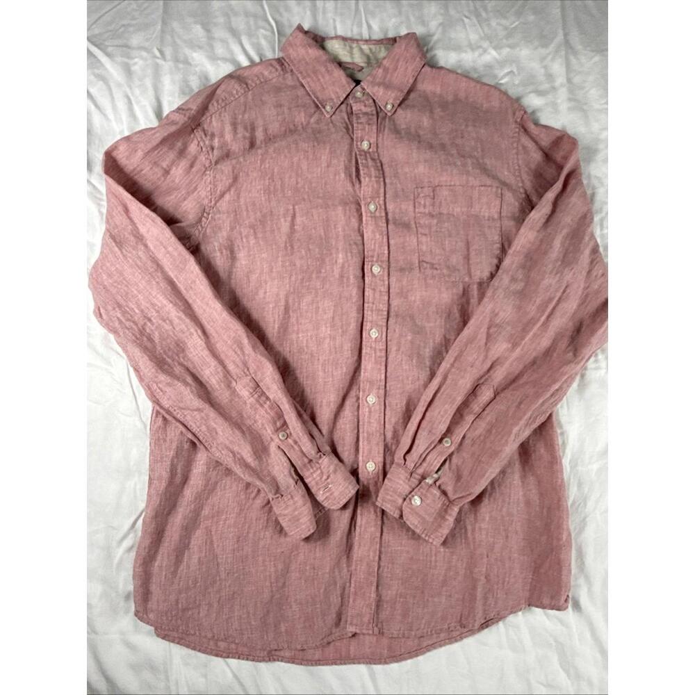 Black Brown 1826 Men's Large L Shirt Long Sleeve 100% Linen Redish Pink
